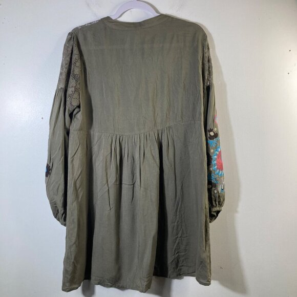 Womens Umgee V Neck Embroidered Tunic Dress Olive Green S Cotton Poly - Picture 2 of 9